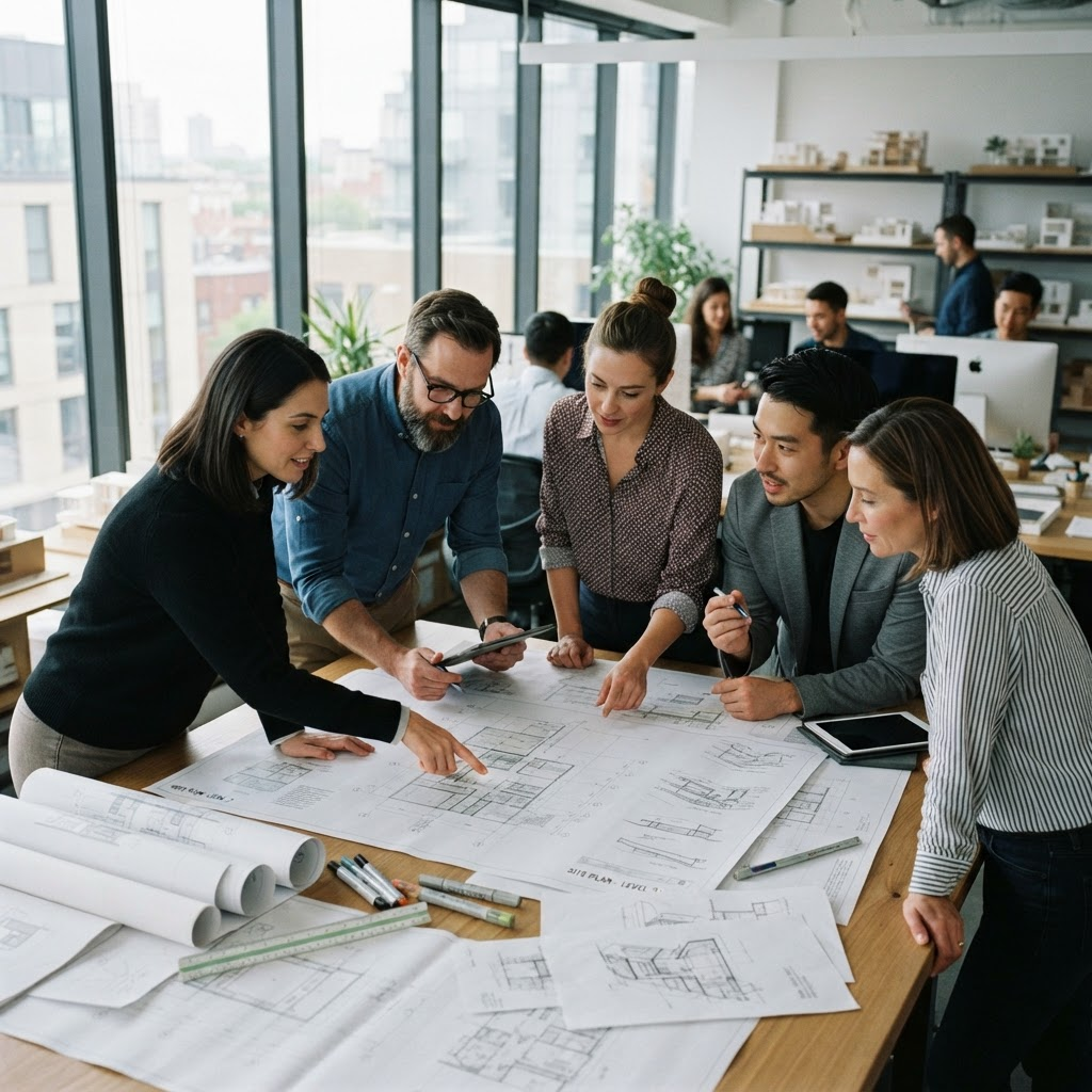 Equipo de arquitectos colaborando sobre planos