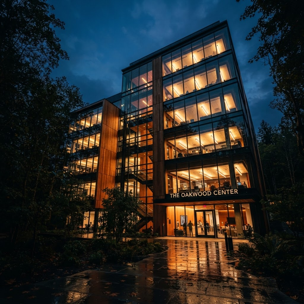 Edificio corporativo de cristal iluminado al atardecer